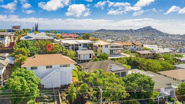 drone / aerial view featuring a mountain view