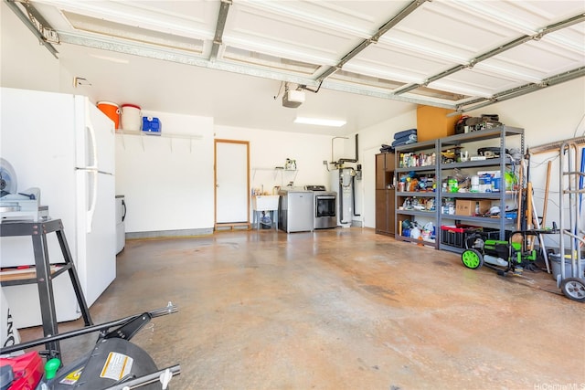 95-1044 Meapa St, Mililani, HI 96789 - garage with freestanding refrigerator, a garage door opener, water heater, a sink, and washing machine and dryer