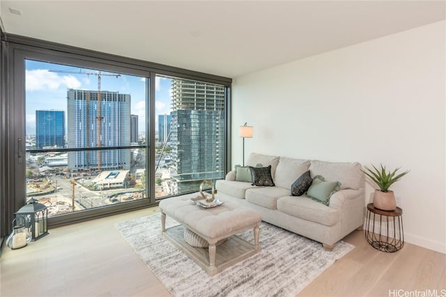 living room featuring hardwood / wood-style flooring and a wall of windows