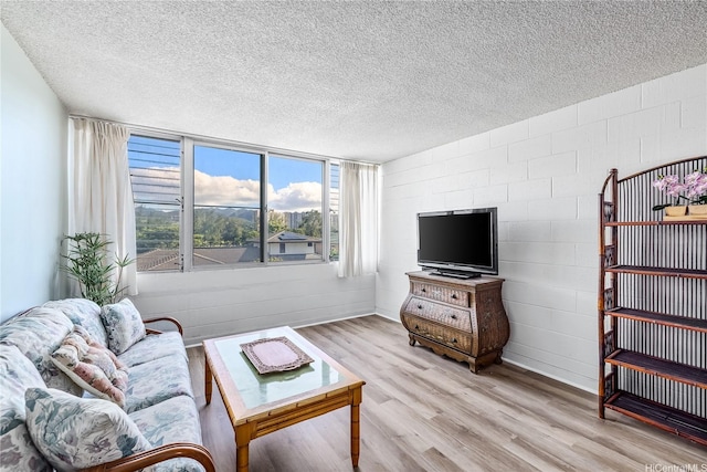 5122 Likini St Unit 302, Honolulu, HI 96818 - living room featuring light wood-style floors, a textured ceiling, and concrete block wall