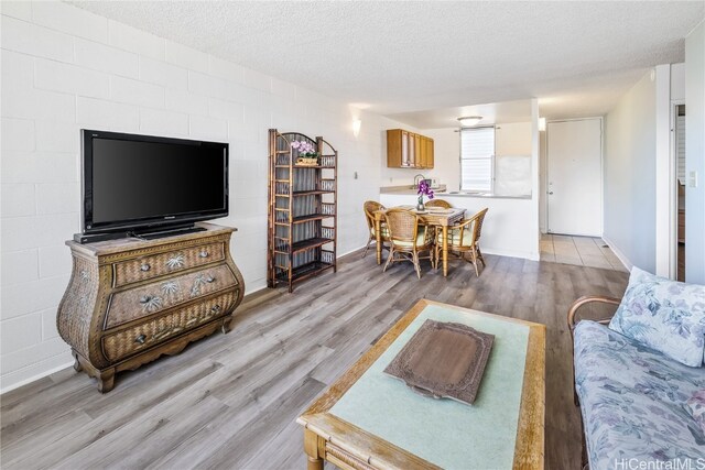 living room featuring a textured ceiling and light wood-type flooring