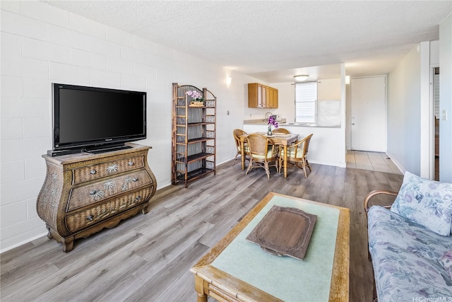 5122 Likini St Unit 302, Honolulu, HI 96818 - living room featuring light wood-type flooring, a textured ceiling, and baseboards