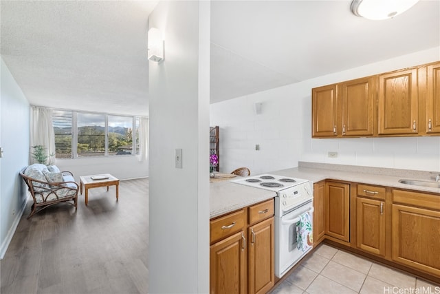 kitchen with sink, white electric stove, light hardwood / wood-style flooring, a textured ceiling, and tasteful backsplash