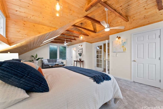 carpeted bedroom with vaulted ceiling with beams, ceiling fan, and wooden ceiling