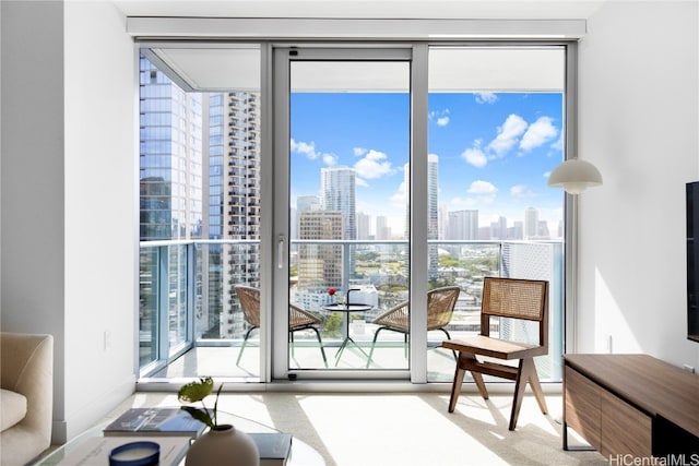 doorway featuring light colored carpet, a wall of windows, and a healthy amount of sunlight