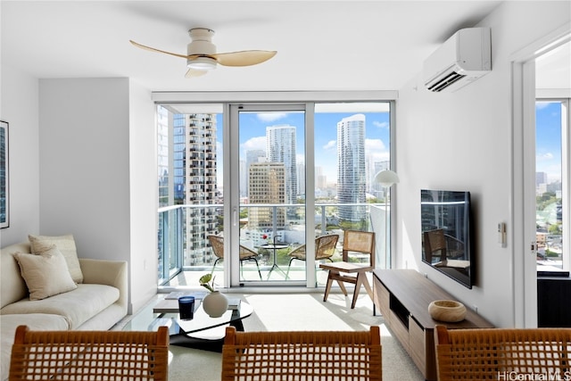 interior space featuring a wall mounted AC, ceiling fan, carpet floors, and a wall of windows