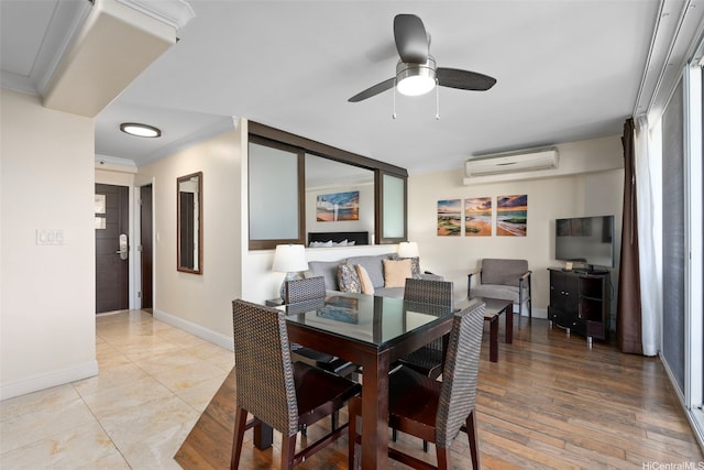 255 Beach Walk Unit 23, Honolulu, HI 96815 - dining room featuring a wall mounted air conditioner, baseboards, and a ceiling fan