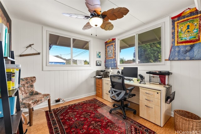 home office featuring ceiling fan, light hardwood / wood-style flooring, and a healthy amount of sunlight