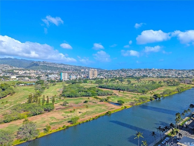 birds eye view of property with a water and mountain view