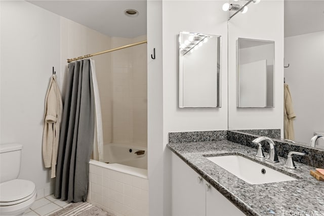 full bathroom with tile patterned floors, vanity, toilet, and shower / bathtub combination with curtain