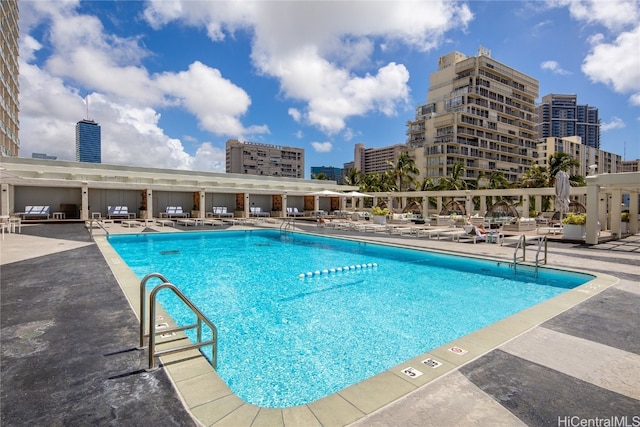 view of swimming pool with a patio