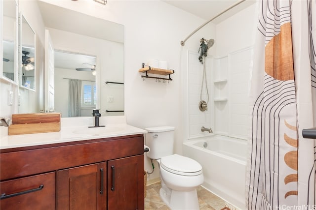 full bathroom featuring shower / bath combo, vanity, tile patterned flooring, ceiling fan, and toilet