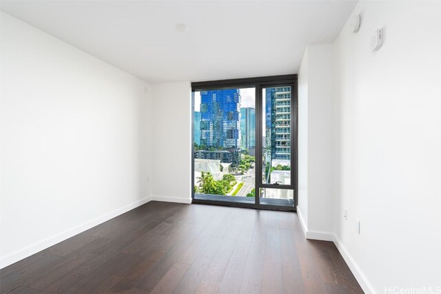 spare room featuring expansive windows and dark wood-type flooring