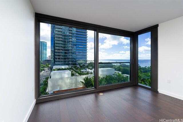 spare room with expansive windows, a water view, and dark hardwood / wood-style floors