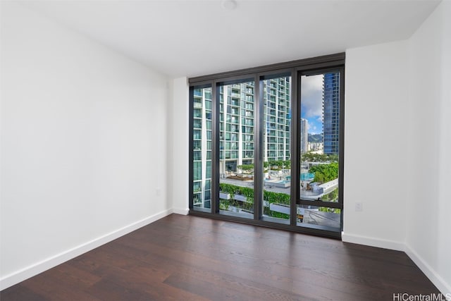 empty room with dark wood-type flooring, expansive windows, and a healthy amount of sunlight