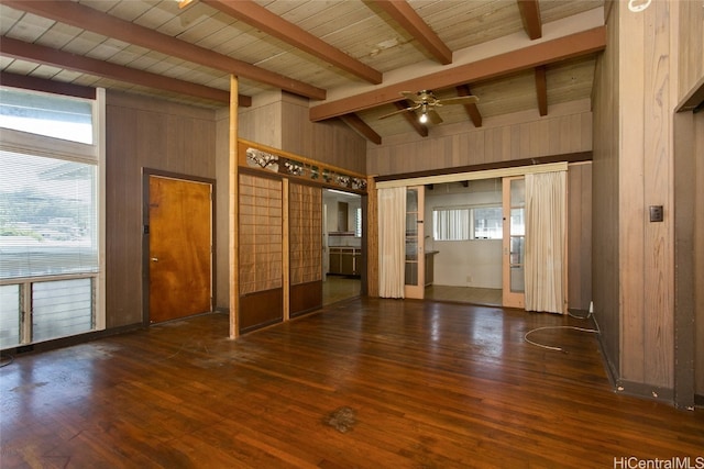 unfurnished room featuring wood ceiling, ceiling fan, wooden walls, vaulted ceiling with beams, and dark hardwood / wood-style floors