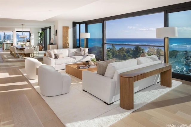 living room featuring a water view and light wood-type flooring