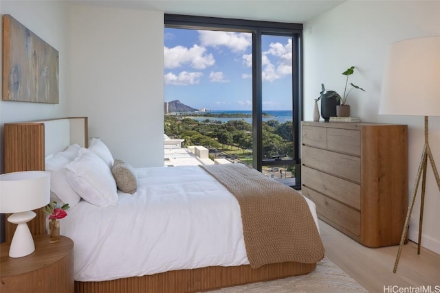 bedroom featuring access to outside, floor to ceiling windows, and light wood-type flooring