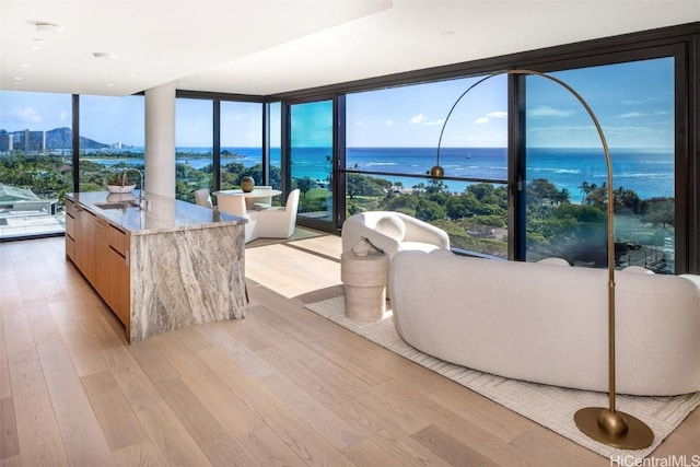 living room featuring a water view, expansive windows, and light wood-type flooring