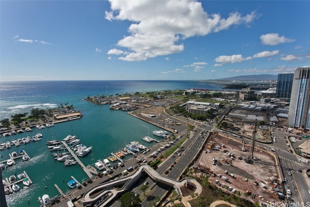 drone / aerial view with a water view