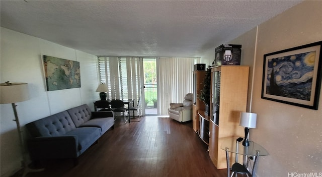 living room featuring a textured ceiling and dark hardwood / wood-style flooring