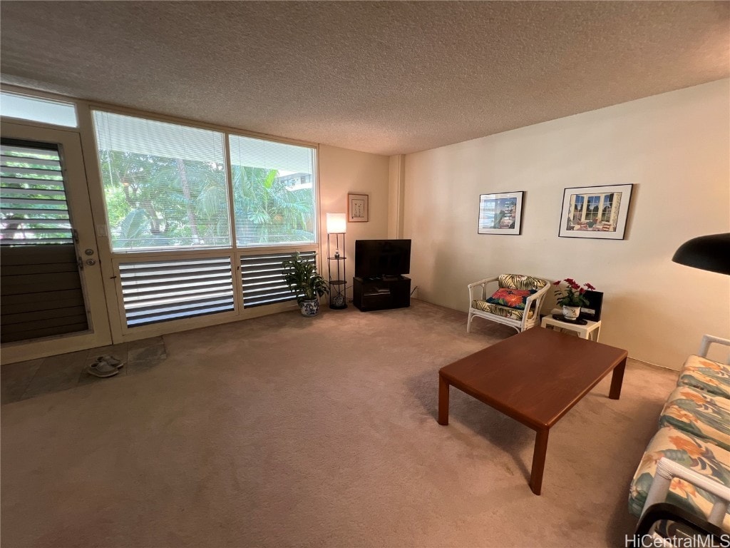 living room featuring light carpet and a textured ceiling