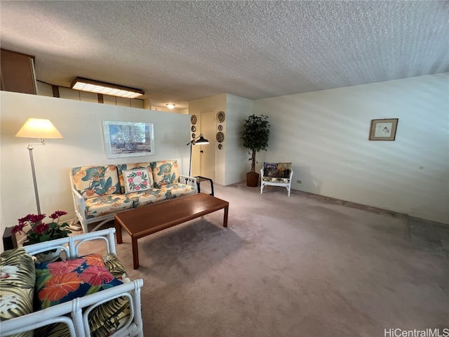 carpeted living room with a textured ceiling