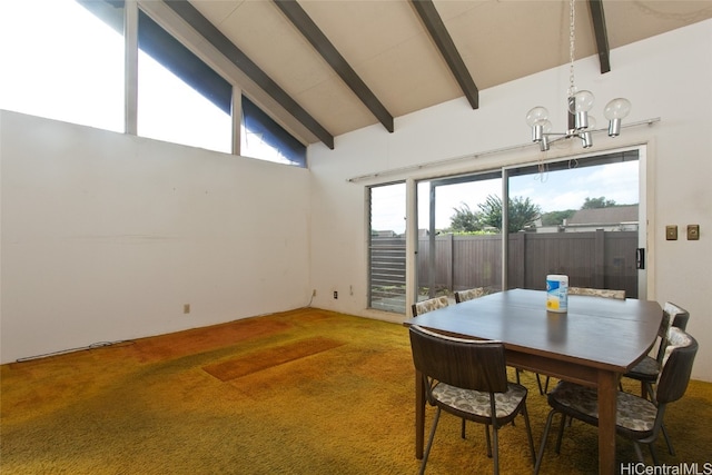 dining area with carpet flooring, beamed ceiling, high vaulted ceiling, and a notable chandelier