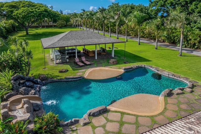 view of pool featuring a gazebo, a patio, and a lawn