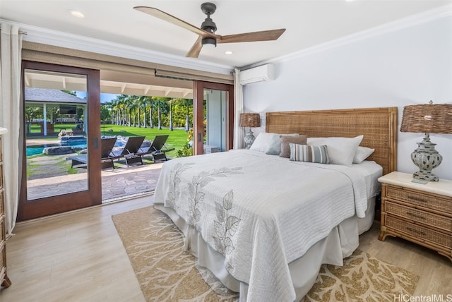 bedroom featuring ceiling fan, an AC wall unit, access to outside, and multiple windows