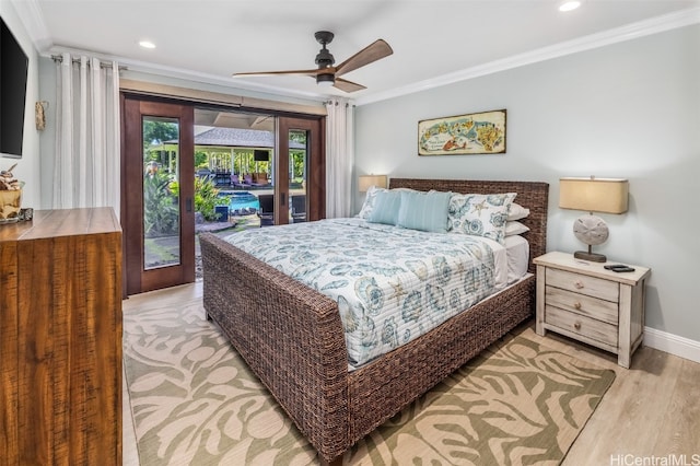 bedroom featuring access to outside, crown molding, ceiling fan, and light hardwood / wood-style floors