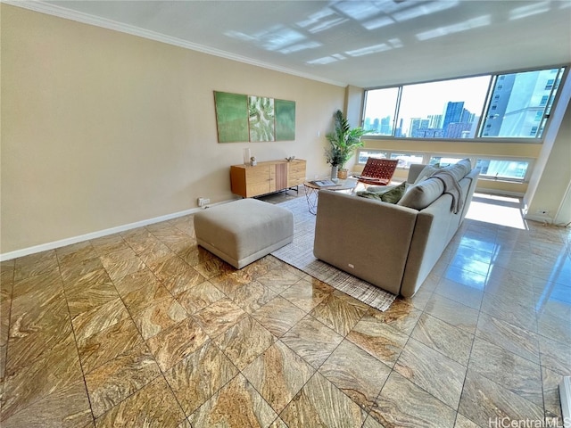 living room with crown molding