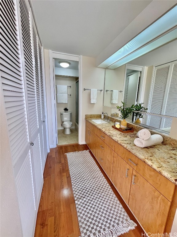 bathroom featuring hardwood / wood-style flooring, vanity, and toilet