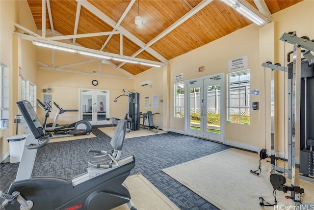 gym featuring carpet flooring, french doors, and wood ceiling