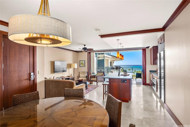 dining area featuring floor to ceiling windows, ceiling fan, and crown molding