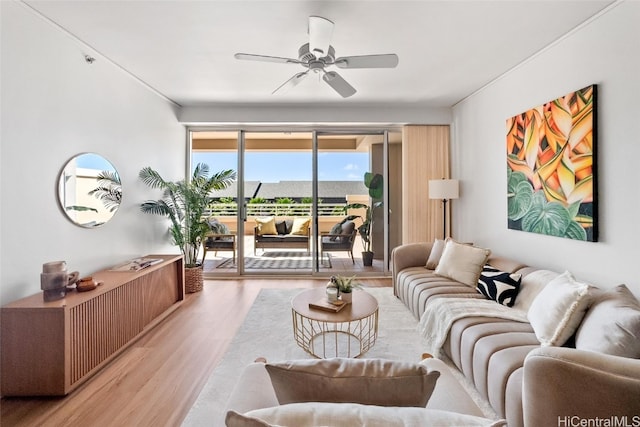 living room with light wood-type flooring and ceiling fan