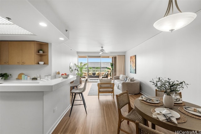 dining area featuring ceiling fan and light hardwood / wood-style flooring