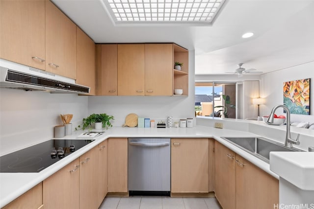 kitchen with black electric cooktop, dishwasher, light tile patterned floors, and light brown cabinets