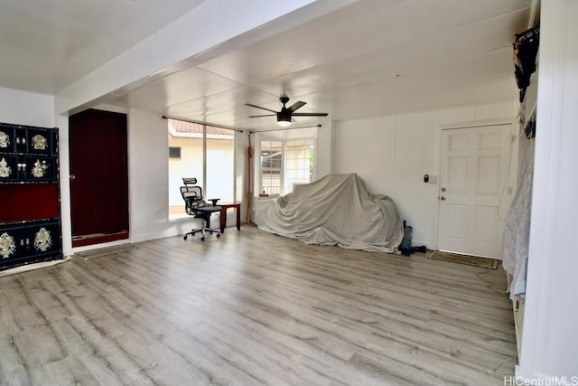 living room featuring light hardwood / wood-style floors and ceiling fan