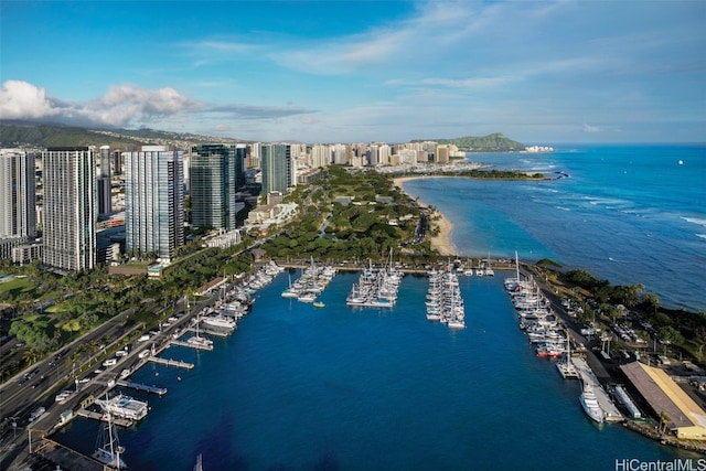 drone / aerial view featuring a water view