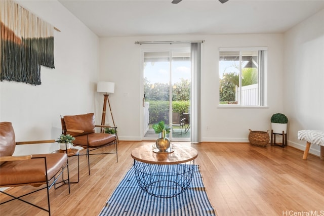 living area featuring hardwood / wood-style flooring and ceiling fan