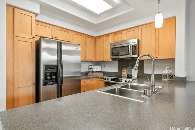 kitchen with sink, hanging light fixtures, stainless steel appliances, a tray ceiling, and light brown cabinetry