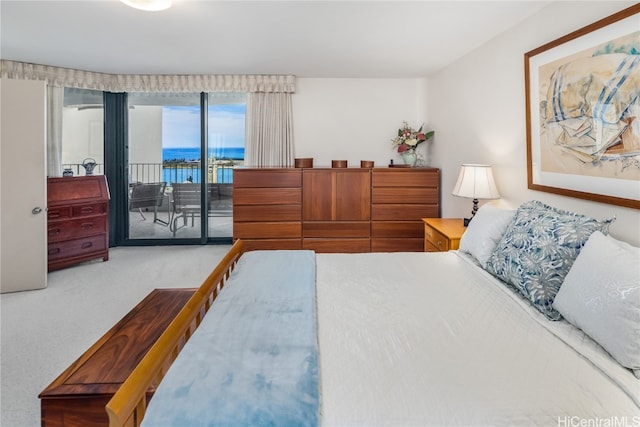 carpeted bedroom with access to outside and a water view