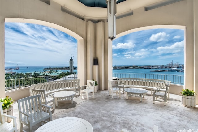 view of patio / terrace featuring a water view