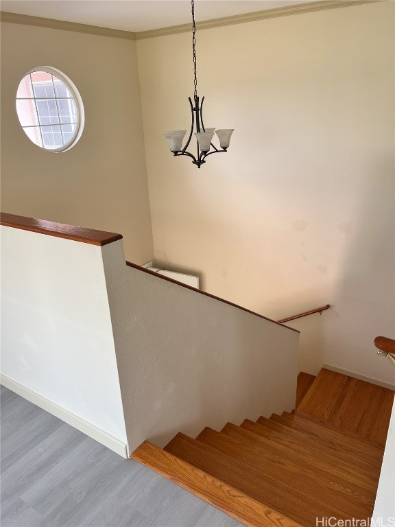 stairway featuring hardwood / wood-style floors, ornamental molding, and a chandelier