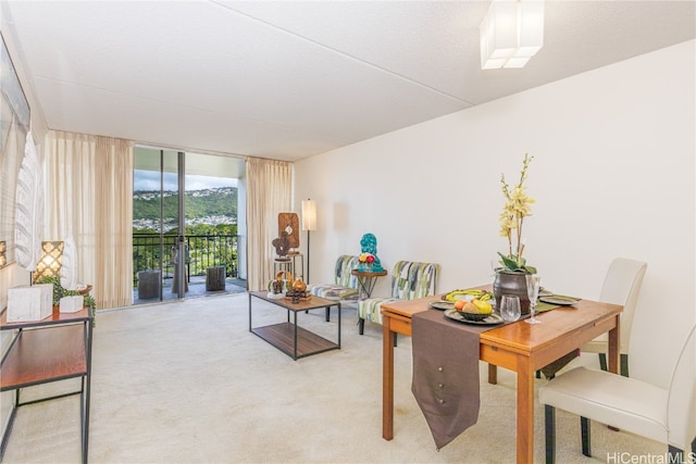 dining space featuring light carpet and a textured ceiling