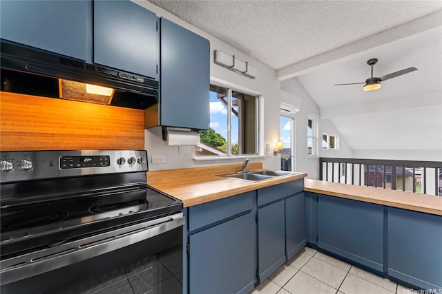 98-519 Lulu Pl Unit 73, Aiea, HI 96701 - kitchen with electric stove, blue cabinets, wood counters, light tile patterned flooring, and ceiling fan