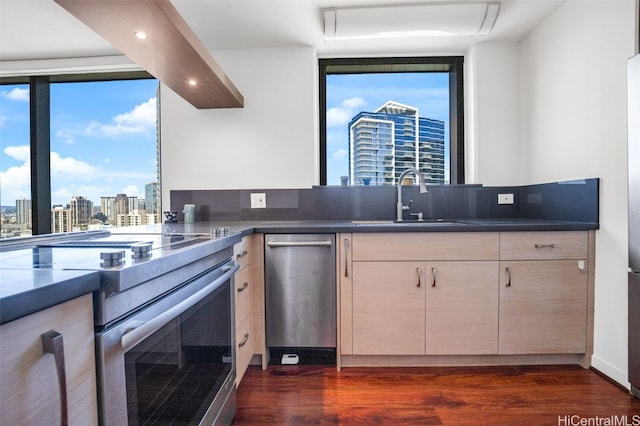 kitchen featuring dark wood-style floors, appliances with stainless steel finishes, a city view, and a sink