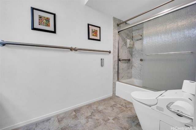 full bath with toilet, enclosed tub / shower combo, and baseboards