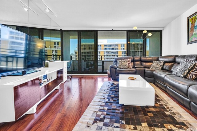 living room featuring floor to ceiling windows and hardwood / wood-style flooring